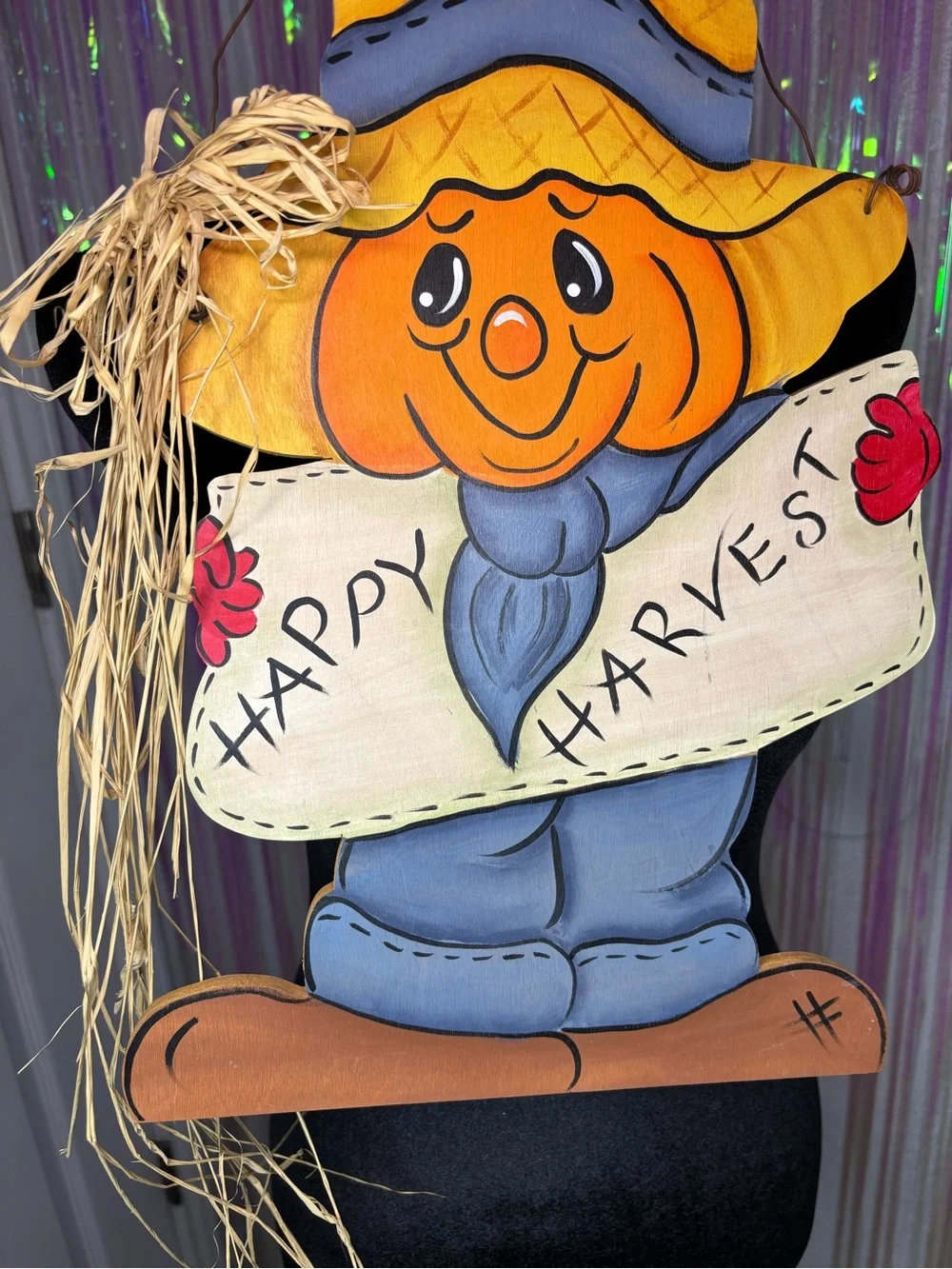 Door Hanger Happy Harvest Pumpkin Scarecrow Wreath Sign W/ Raffia Straw Detail
